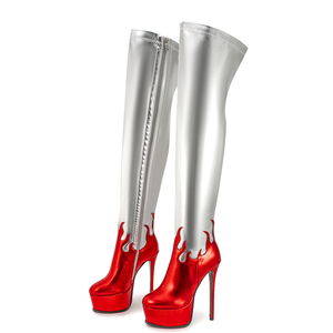 รองเท้าบูทส้นเข็มแบบสวมเหนือเข่า สีแดงล้วน ไซส์ใหญ่ 47 สำหรับผู้หญิง  วัสดุ PU  ตาข่าย  ซิป  กันลื่น  สำหรับฤดูใบไม้ร่วง/ฤดูหนาว - Product Image 6