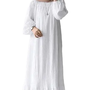 Vintage Fashion Lightweight Abaya Bubble Sleeve And Hem Ruffle Dress With Pocket For Adults Muslim Robe Breathable