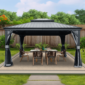 Gazebo permanent à double toit rigide en aluminium avec moustiquaire et parois latérales de confidentialité Cadre en métal Couleur grise - Product Image 3