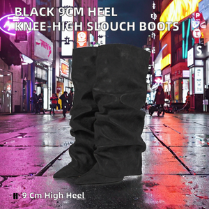 Black Super High <b>Heel</b> Women's Pointed Toe Slouch Boots Velvet Synthetic Leather Height Increasing Fold Knee High Spring Autumn - Product Image 2