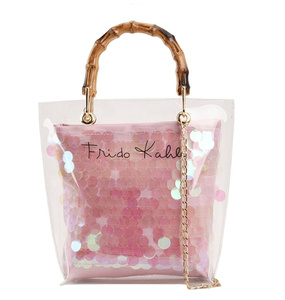 Bolso de playa tipo tote de gran capacidad, bandolera, transparente, de PVC, con cadena, estilo gelatina, con diseño de nudo de bambú, al por mayor - Product Image 1