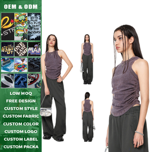 Haut court sans manches froncé pour femme, couleur unie, en tricot de coton et élasthanne, style streetwear, coupe ajustée, col rond, respirant, printemps-été - Product Image 3