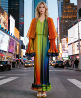 Robe longue plissée de style vintage pour femme Miyake 2026, élégante, imprimée, à manches longues, pour tous les jours, 100% polyester, anti-rides