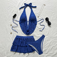 STOK BARU 6 Warna V-NECK Rajutan Wanita 3 Potong Pakaian Renang Atasan Plung Shirt Bikini Brasil dan Set Rok Pantai S-L