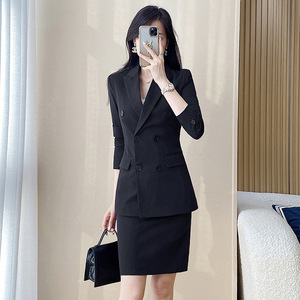 Women's Suit Set Black Double Breasted Jacket Skirt Set Autumn Formal Wear Elegant Slim Fit Three Quarter Sleeve Polyester - Product Image 1