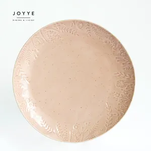 JOYYEユニークなデザイン810インチ陶器エンボス磁器プレートヴィンテージセラミック食器ディナーディッシュウェディングピンクフラワープレート