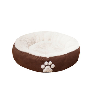 Round Soft <b>Cat</b> Bed With Paw Design Warm <b>Plush</b> Pet Bed For Indoor <b>Cats</b> Brown And White Color Hand Washable - Product Image 5