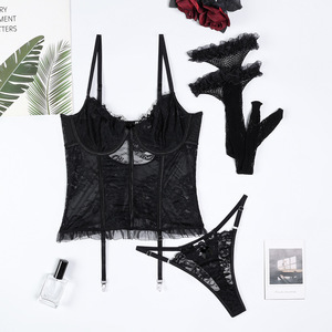 Sexy Lace Embroidery See Through Fishbone Lingerie Set Hot Sell High Quality Lingerie Set With <b>Fishnet</b> Stocking - Product Image 6