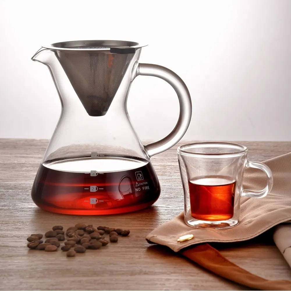 Double-layer Reusable 400ml Stainless Steel Filter Borosilicate Glass Pour Over Coffee Maker For Brew Coffee