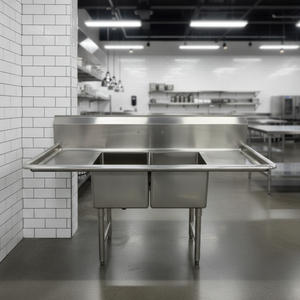 Fregadero Comercial de Acero Inoxidable de Dos Compartimentos con Escurridores Izquierdo y Derecho, Estación de Preparación y Lavado - Product Image 1