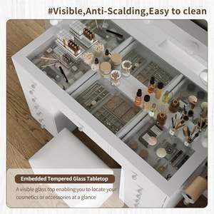 Coiffeuse moderne <span class=keywords><strong>avec</strong></span> 15 tiroirs, en acier inoxydable, station <span class=keywords><strong>de</strong></span> charge, 12 ampoules LED, <span class=keywords><strong>miroir</strong></span> HD, 3 niveaux <span class=keywords><strong>de</strong></span> luminosité - Product Image 4