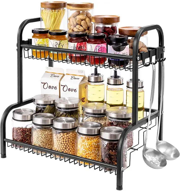 Countertop 2-layer kitchen spice rack spice manager Vertical kitchen storage rack for spice and condiment 8 hooks can be used