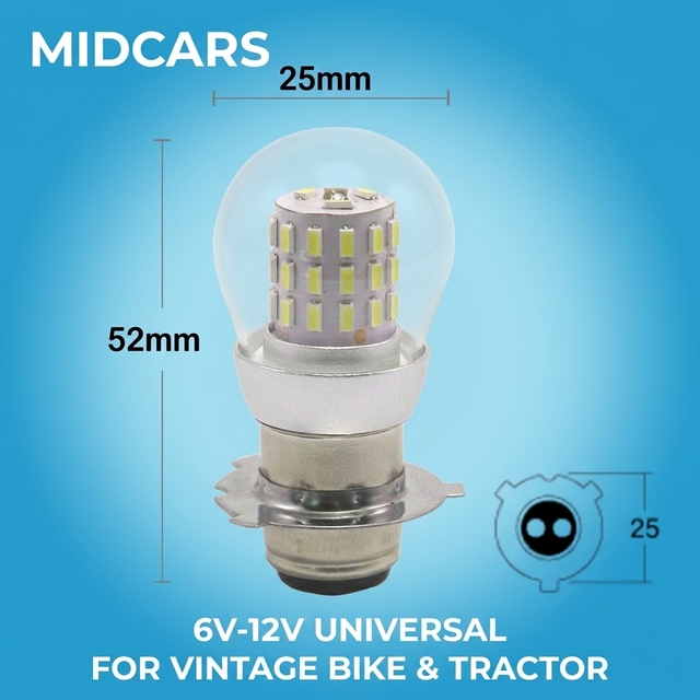 P15D-25-3 LED Bulb 6V 12V 3W RP30 3-Lug Base High Low Beam White Motorcycle Headlight for Vintage Tractor Signal Lamp