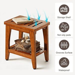 Tabouret de salle de bain en teck Ruoyi 14x16.5x9.8 pouces, double couche avec étagère de rangement, siège de douche imperméable - Product Image 5