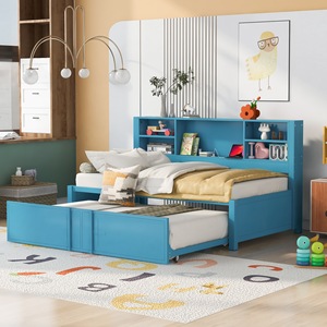 Lit de rangement en bois bleu avec étagères et lit gigogne coulissant pour enfants, adultes et personnes âgées - Product Image 4