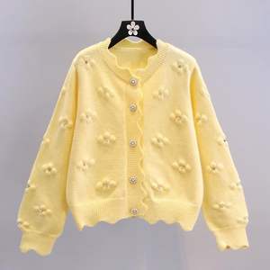 Women's Floral Embellished Scallop Edge <strong>Cardigan</strong> - Long Sleeve Button Down Knit Sweater Sehe Fashion - Product Image 5