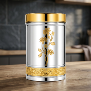 Modern Luxury Metal Spice Container Round Airtight <b>Food</b> Storage <b>Jar</b> with Gold Floral Design Polished Finish - Product Image 4