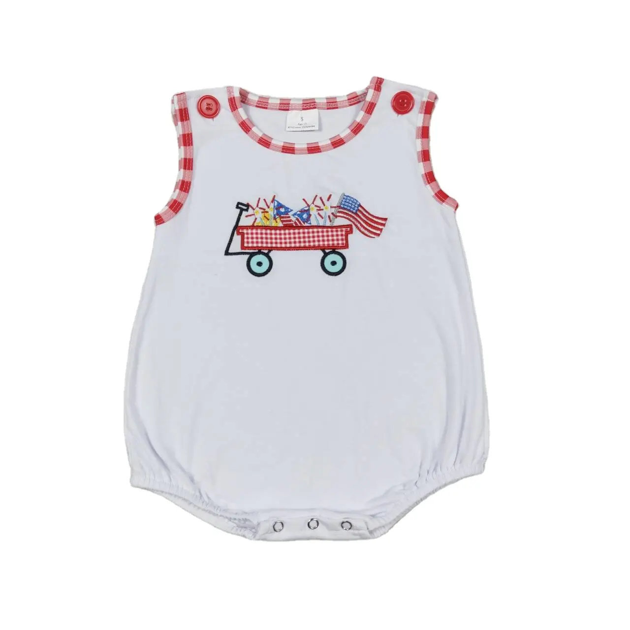 Summer Baby Boys Embroidery Fireworks Flag Trolley White Vest Jumpsuit Short Sleeve Red Plaid Shorts Suit Clothes RTS