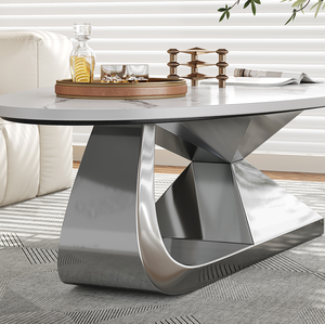 Tavolino da Caffè <span class=keywords><strong>Moderno</strong></span> con Piano in Pietra Sinterizzata e Base in Acciaio Inox - Arredamento Ecologico per Soggiorno, Elegante e Durevole - Product Image 5