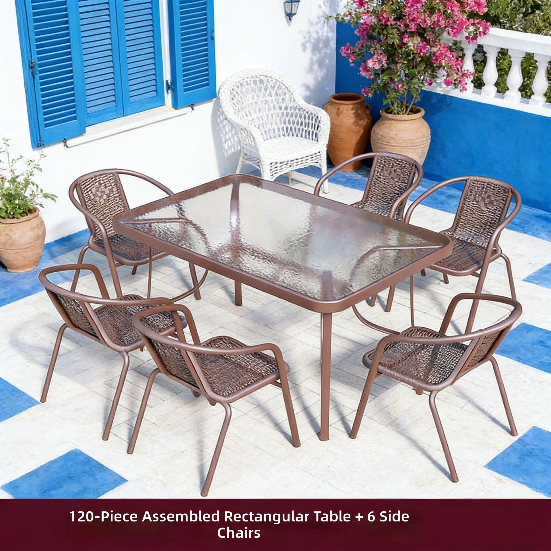 Table longue assemblée de 120 cm de diamètre + 6 chaises couleur café