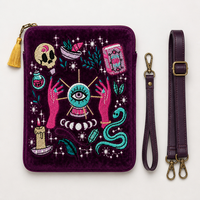 Kantong Resleting Kartu Tarot Kustom, Sarung E-Reader, Tas Tablet Beludru Ungu Bersulam dengan Tali Bahu yang Dapat Dilepas