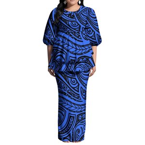 Abito Puletasi Bianco Personalizzato per Donna, Stampa Samoana Polinesiana, Maniche a Sbuffo, Vestito Lungo Maxi con Spacco Posteriore, Set 2 Pezzi - Product Image 3