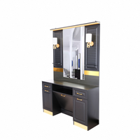 Station de Barbier Moderne de Luxe en Panneaux de Bois avec Coiffeuse Noire et Or Métallisé, Miroir Éclairé Inclus pour Usage Hôtelier