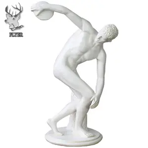 Decoración tamaño natural mármol blanco hombre desnudo grandes atletas estatua piedra tallada discobolus escultura