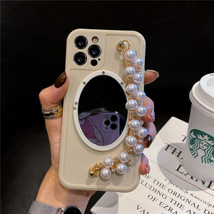 Funda de teléfono móvil con espejo y cadena de perlas, para <span class=keywords><strong>iPhone</strong></span> <span class=keywords><strong>7</strong></span> <span class=keywords><strong>plus</strong></span> 12 11 pro max xr xs max, espejo de <span class=keywords><strong>cristal</strong></span> para chicas - Product Image 6