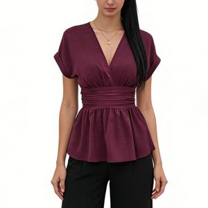 Women's V-Neck Peplum <b>Top</b> Short Sleeve Smocked Waist Casual Blouse Shirt Fashion - Product Image 1