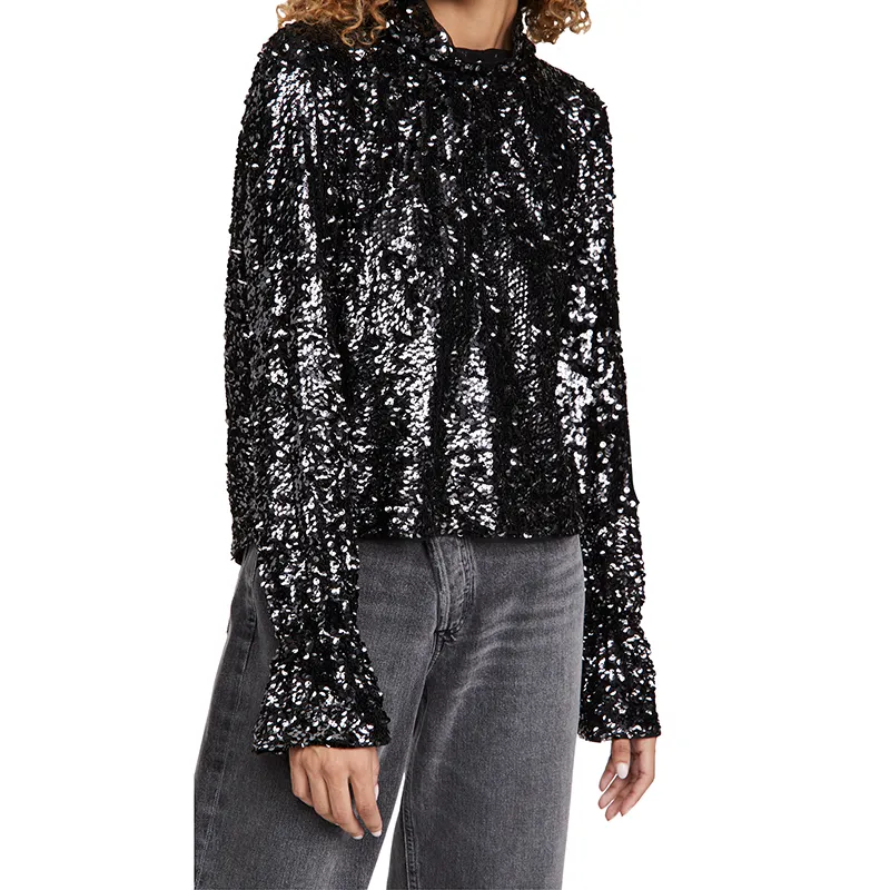 new arrival Women Moonstruck Top black Mid-weight mesh Allover sequins Mock neck Long sleeves with elastic flared cuffs blouse
