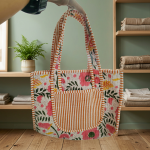 Bolsa de Hombro Tipo Tote de Gran Capacidad, Color Sólido Vibrante, Tela de Algodón, Cierre de Cremallera, Estampado a Bloques, 16x14 Pulgadas, para Verano, Primavera, Playa, Viajes, Uso Diario - Product Image 2