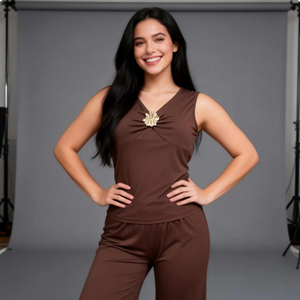 Nouvel ensemble deux pièces pour femme 2026 : survêtement uni personnalisé, chemise sans manches à volants et pantalon long moulant avec lacets - Product Image 3