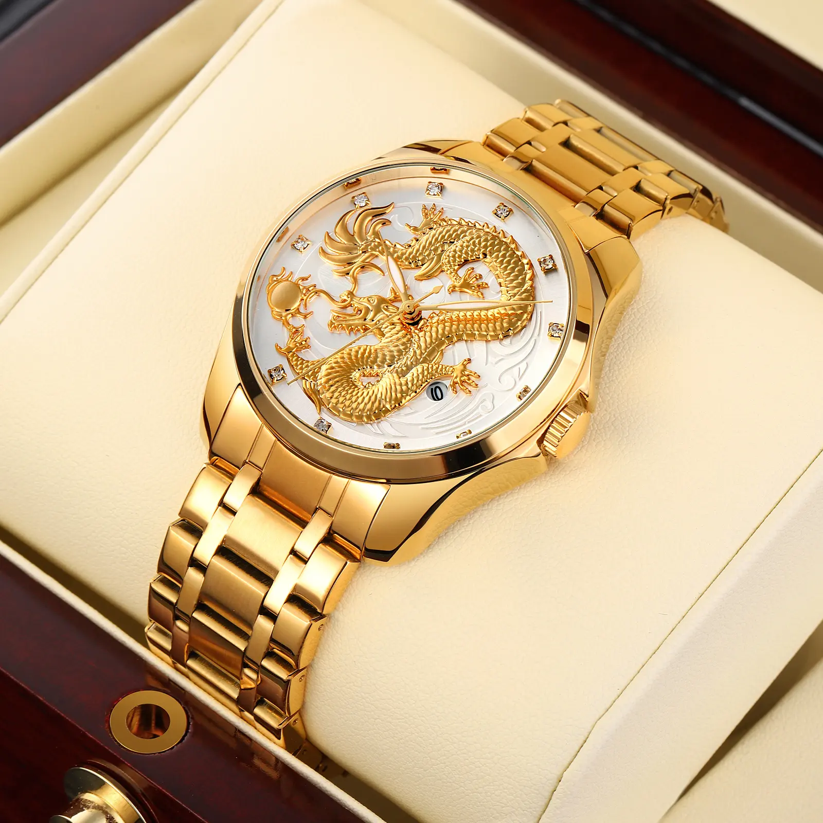 3D Relief Patroon Draak Quartz Horloge Skmei 9193 Gold Mens Luxe Roestvrij Stalen Horloge