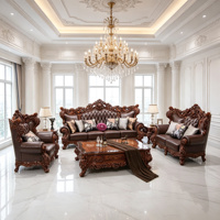 Europäisches Barock-Ledersofa-Set 3-Sitzer 2-Sitzer Sessel Geschnitzter Massivholzrahmen Gesteppt Braun Wohnzimmermöbel