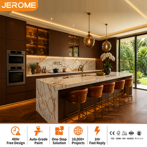 Fabricant chinois de Foshan, conception personnalisée, menuiserie minimaliste, armoire de cuisine en bois brun foncé PET avec îlot en marbre - Product Image 1