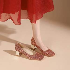 Zapatos de Mujer 2026, Nuevos, con Lentejuelas y Pedrería, Punta Cuadrada, Tacón Grueso, Elegantes, con Diamantes, para Damas de Honor - Product Image 1