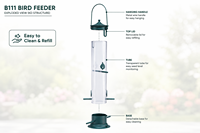 Comedero de Metal para Pájaros con Tubo Transparente, Puertos en Forma de Hoja, Percha y Base Estable, Resistente al Óxido, Ecológico