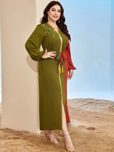 Vestido Abaya verde para mujer con cuello en V rojo naranja Costura informal elegante Moda europea de Oriente Medio para intelectuales - Product Image 4