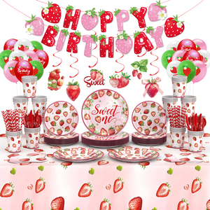Ensemble de fournitures de fête d'anniversaire à thème fraise rose, service personnalisé pour assiettes, gobelets et <span class=keywords><strong>vaisselle</strong></span> jetables - Product Image 1