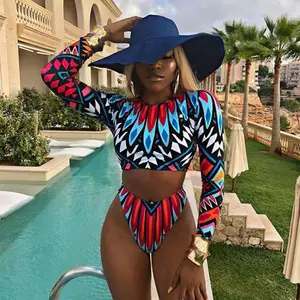 Afrikaanse Print Bikini 2024 Lange Mouw Tweedelig Badpak Plus Size Badmode Vrouwen