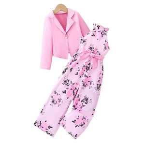 Ensemble 2 pièces pour <span class=keywords><strong>fille</strong></span> : veste de sport rose avec boutons dorés et combinaison florale à épaules dénudées – Collection Printemps-Été pour enfants - Product Image 1