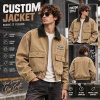 Blouson Bomber Homme Rétro en Toile Lavée avec Col en Velours Côtelé, Étiquette Personnalisée, Faible MOQ, Veste de Travail en Toile Personnalisée