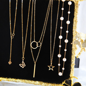 Colliers superposés en or 18 carats, 9 pièces, <span class=keywords><strong>pour</strong></span> femmes, avec pendentif chaîne cubaine simple style trombone, <span class=keywords><strong>pour</strong></span> cadeau de fête ou usage quotidien, fabriqué en Chine - Product Image 2