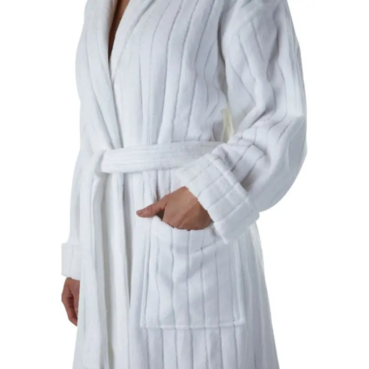 Robe de bain blanche pour hôtel, spa, logo brodé personnalisé, unisexe, coton éponge, velours rayé, robes de bain/robes côtelées