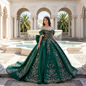 Jancember 8553 Abito da Sera da Donna in Raso Verde Smeraldo con Fiocco e Gonna Voluminosa - Product Image 1
