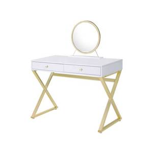 Coleen Modern Solid Wood White & Gold Finish <b>Vanity</b> Desk with Lighted Standing Mirror & Jewelry Tray - Product Image 4