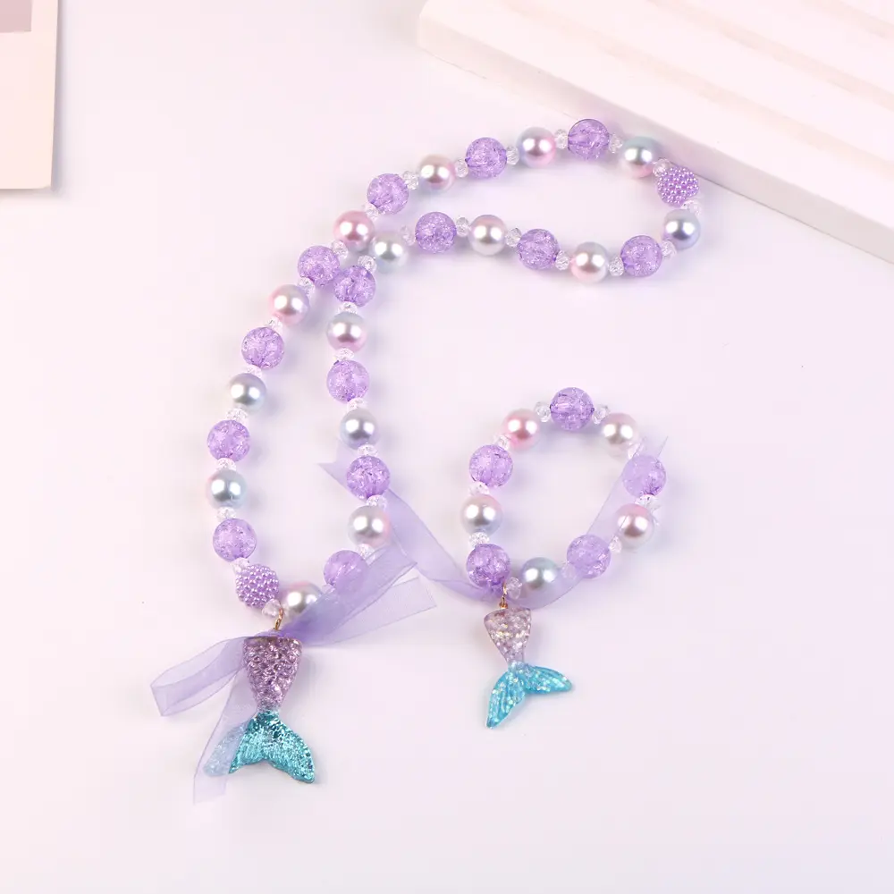 Girls Mermaid Tail Pendants Bead Necklace Bracelets Party Jewelry Gift Fashion Baby Kids Chunky Jewelry Set