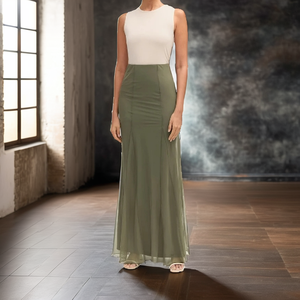 Falda Larga Recta de Organza y Chifón Verde Oliva de Cintura Alta, Elegante Falda Maxi Sólida para Mujer, Todas las Temporadas - Product Image 2
