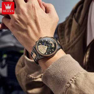 Montres OLEVS 3645 en acier inoxydable texturé, bois <span class=keywords><strong>massif</strong></span>, quartz, phase lunaire, chronographe, aiguilles luminescentes, étanches, pour hommes - Product Image 4